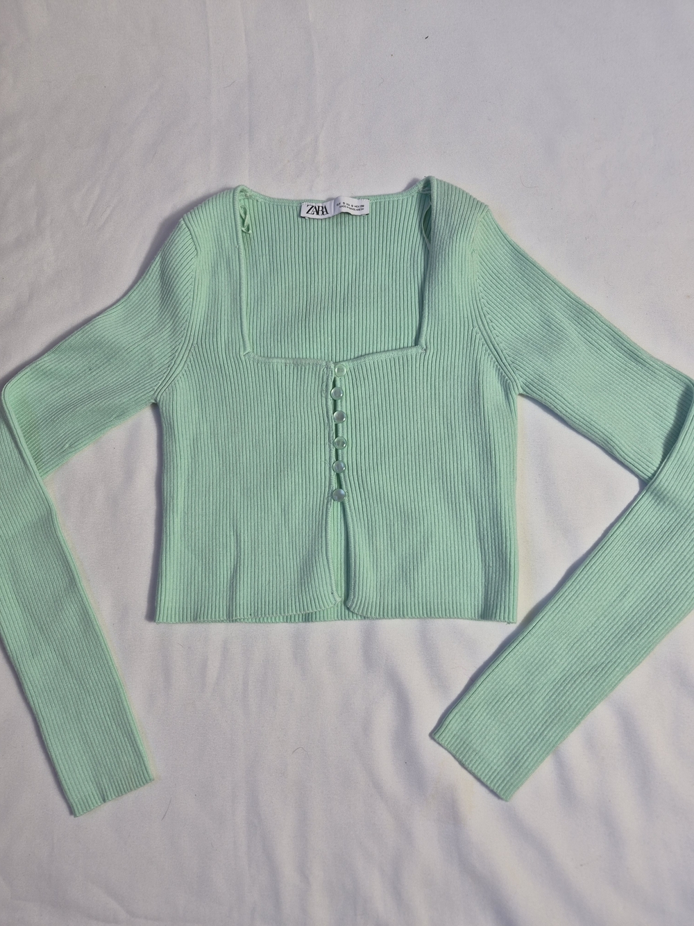 Zara Mint Green Ribbed Square-Neck Cropped Cardigan Top Long Sleeve Fairy